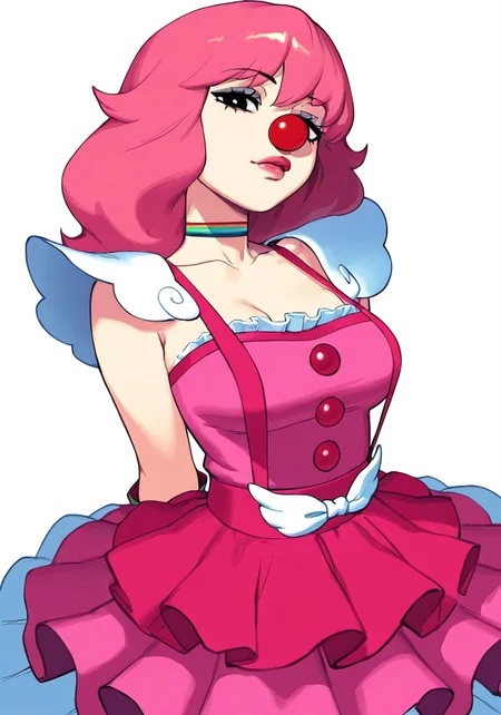 geirutoneido, masterpiece, best quality, newest, absurdres, highres, 1girl, solo, pink hair, clown, pink gloves, dynamic angle, foreshortening, dress, sleeveless, medium breasts, medium hair, suspenders, multicolored clothes, black eyes, eyeshadow, choker, makeup, glossy lips, frilled dress,