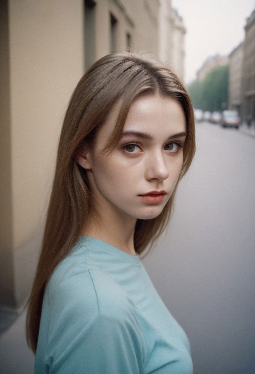 Analogic Portrait Photo a portrait, 90s, 1990s, 80s, and hyperdetailed photography, a woman 21-25 years old in street of city, dark blonde hair, suspiria, yearbook background,squat pose,yearbook shot, perfil
