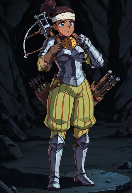 masterpiece, best quality, newest, absurdres, highres,
vintage anime, 90s anime,
1girl, DD-Arba-V1.0, dark-skinned female, dark skin, dredlocks, armor, breastplate, armor, headband, greaves, quiver, ponytail, pauldrons