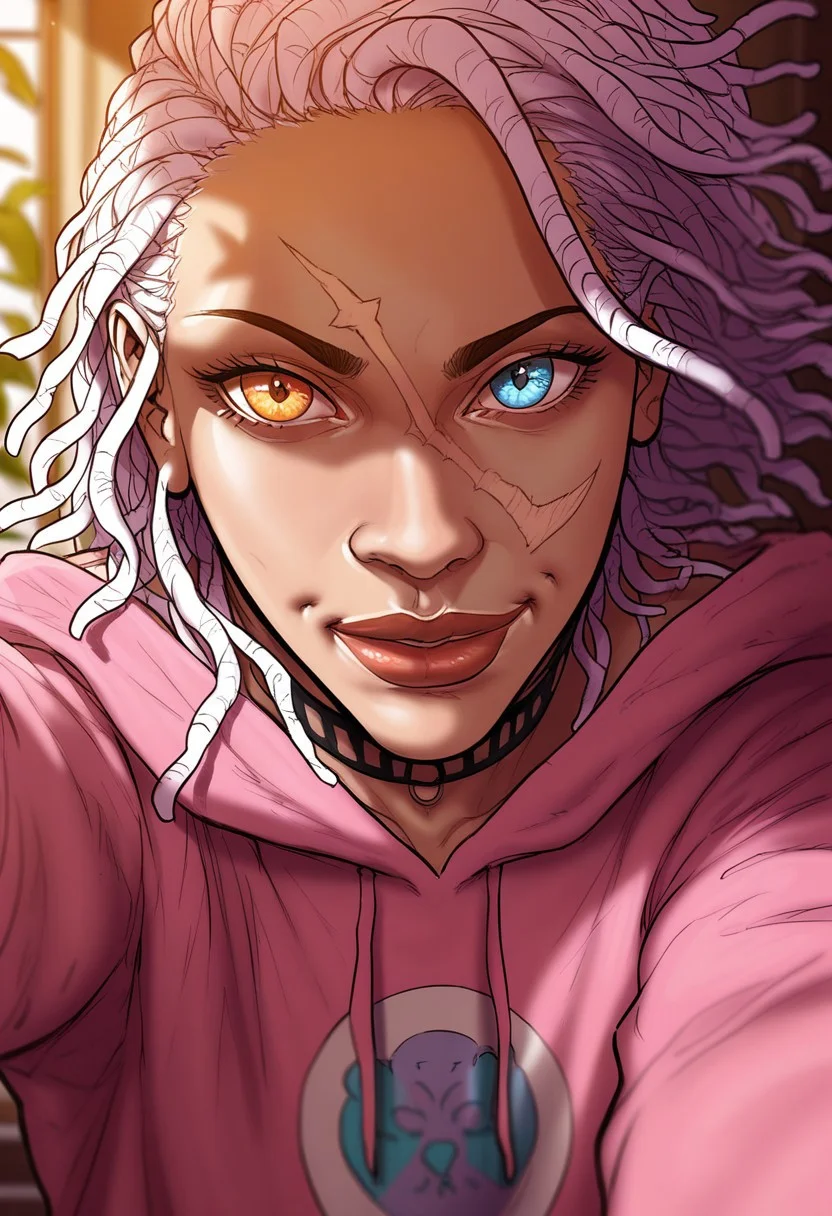 detailed face, detailed eyes, high resolution, intricate design, sharp edges, smooth, high detailed, god level, good proportions, detailed fingers, (masterpiece, best quality, ultra-detailed), (anime style, manhwa style:1.2)
...
(Andrea, 1girl, scar on face, scar across eye, white hair, dreadlocks. heterochromia, left orange eye, right blue eye, muscular female, pink hoodie, denim shorts, hood dawn, black choker, white ankle socks, huge thighs)
...
looking at viewer, sitting, front view, close up, (mid-range shot, upper body, from thighs up:1.2), selfie, hand on thigh, inclined
...
score_10, score_9, score_8, 1girl, solo, alone, cinematic, sketch 
...
indoors, dynamic lighting, wind, leaves,  (soft lighting, dramatic shadows), (sharp focus, depth of field), (cinematic lighting:1.3), ( mystical aura), ethereal light rays, warm glow, realistic shading, night