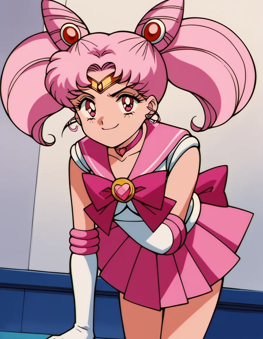 score_9, score_8_up, score_7_up, source_anime, <lora:chibiusa-tsukino-s3-ponyxl-lora-nochekaiser:1>, chibiusa, cone hair bun, double bun, hair bun, hair ornament, pink eyes, pink hair, short hair, twintails, circlet, parted bangs,, bow, brooch, choker, earrings, elbow gloves, gloves, heart, heart brooch, magical girl, pink bow, pink choker, pink sailor collar, pink skirt, pleated skirt, sailor collar, sailor senshi uniform, skirt, stud earrings, white gloves,, indoors, bent over, smile, smug, looking at viewer, solo,, cowboy shot, dutch angle