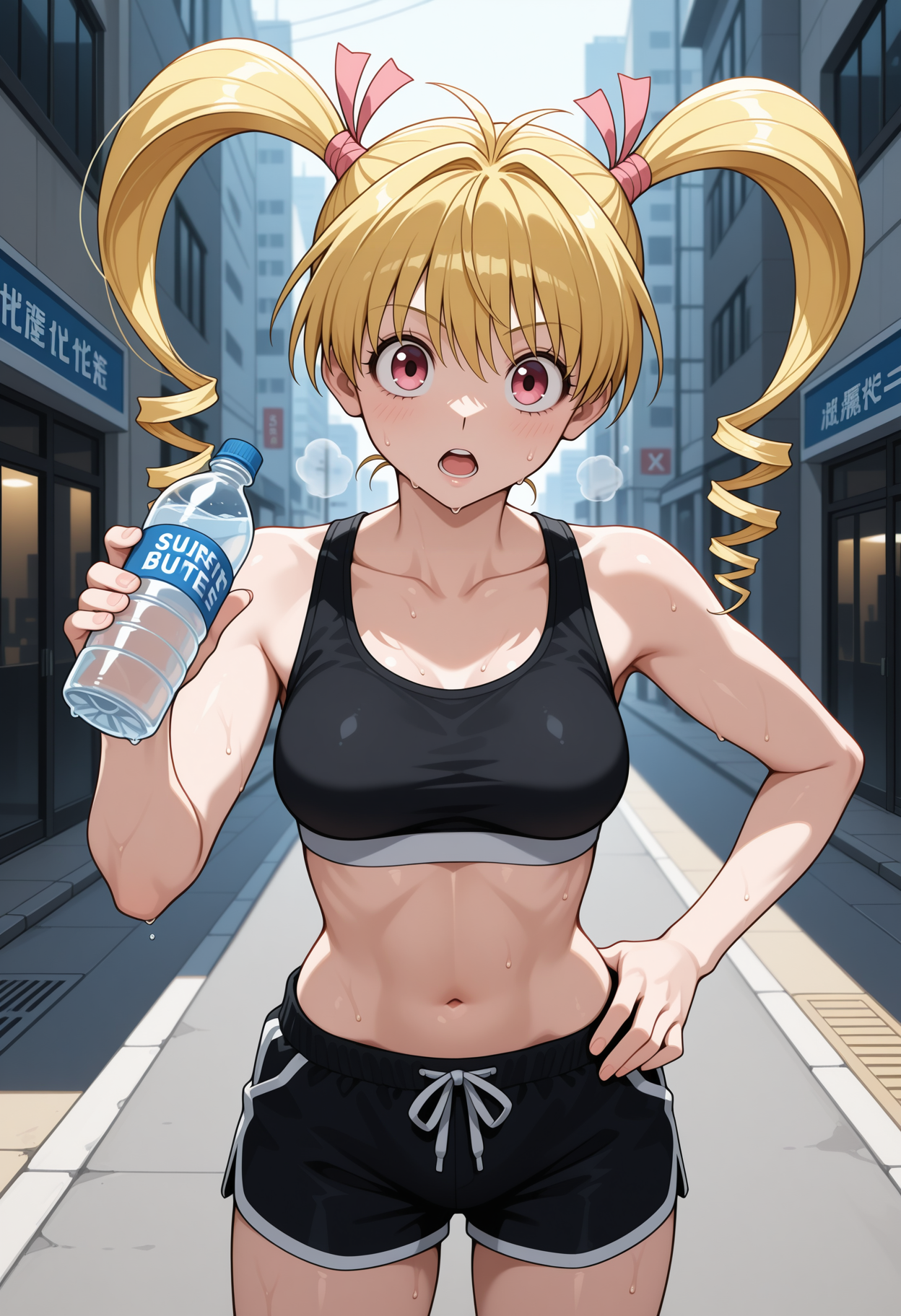 1girl, solo, pink eyes, blonde hair, long hair, twin drills, hair ribbon, pink ribbon,  looking at viewer,  hunter x hunter, 
black sports bra, black shorts, linea alba, sweat, hand on hip, holding bottle, water bottle, outdoors, street, city, looking at viewer, open mouth, heavy breathing, cowboy shot,
,masterpiece,best quality,amazing quality,
<lora:NoobV065sHyperDmd:.5> <lora:bisky_meipaws:1>