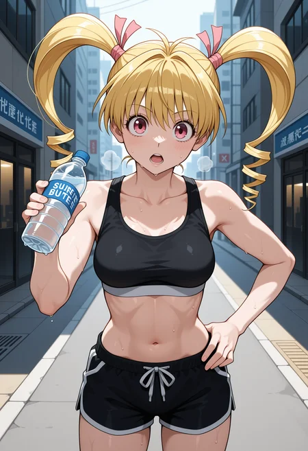1girl, solo, pink eyes, blonde hair, long hair, twin drills, hair ribbon, pink ribbon, looking at viewer, hunter x hunter,
black sports bra, black shorts, linea alba, sweat, hand on hip, holding bottle, water bottle, outdoors, street, city, looking at viewer, open mouth, heavy breathing, cowboy shot,
,masterpiece,best quality,amazing quality,
<lora:NoobV065sHyperDmd:.5> <lora:bisky_meipaws:1>
