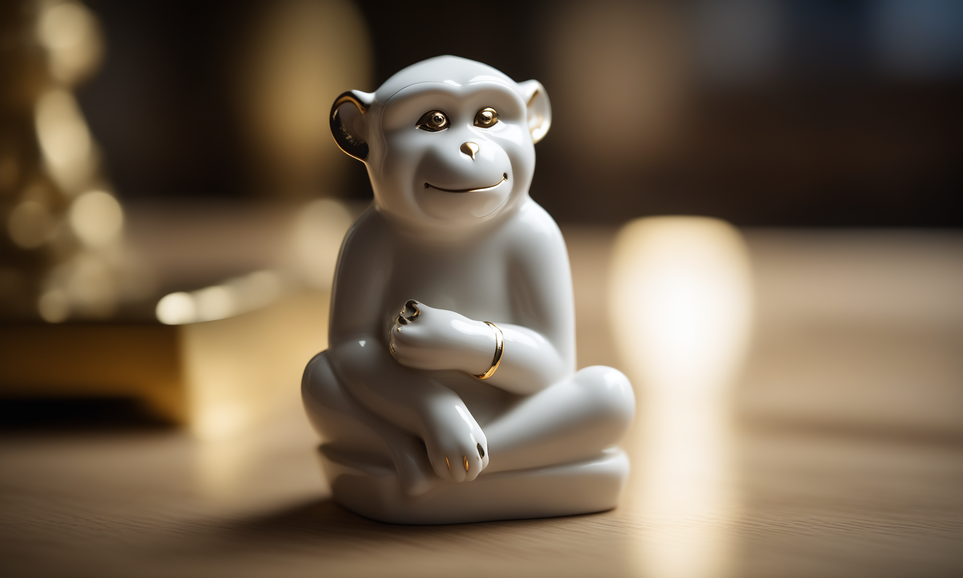 cinematic film still <lora:pcporcelaincd_xl-000006:0.7>,a handmade model toy of a monkey made of (pcporcelaincd_xl,porcelain,white theme,gold lacquer,shiny:1.3) in office,no humans,long-focus,tilt-shift,indoors,full body,chinese zodiac,wooden table,cutie,cute,still life,animal statue,front view,facing viewer,looking at viewer . shallow depth of field, vignette, highly detailed, high budget, bokeh, cinemascope, moody, epic, gorgeous, film grain, grainy, 8K, HDR, UHD, masterpiece, best quality, highly detailed, high resolution, finely detail, extremely detailed, ultra detailed, wallpaper