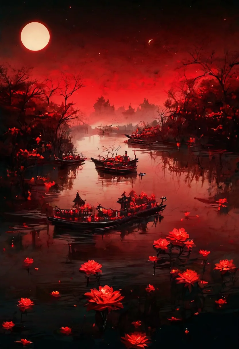 score_9,score_8_up,score_7_up,8k,,ruanyi0699,fog,night,red sky,reflection,red theme,flower,<lora:0699 Wangchuan River_v1_pony:1> red moon,