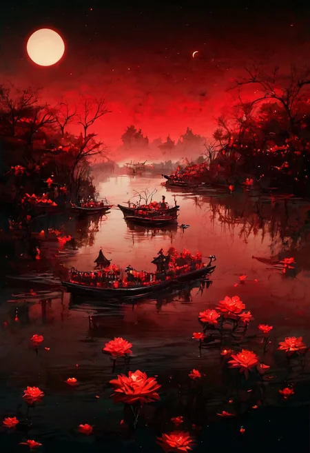 score_9,score_8_up,score_7_up,8k,,ruanyi0699,fog,night,red sky,reflection,red theme,flower,<lora:0699 Wangchuan River_v1_pony:1> red moon,