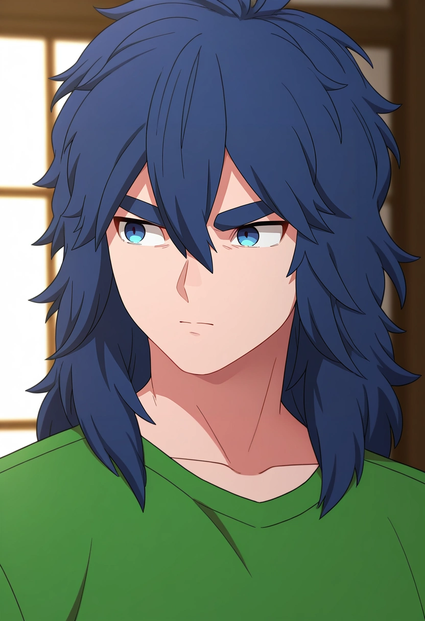 masterpiece, best quality, , (3d:0.4),, 1boy, solo, male focus, <lora:yui_kemono_jihen_ilxl:0.96>, yui_kemono_jihen, blue hair, blue eyes, long hair, hair between eyes, bangs, thick eyebrows, ,