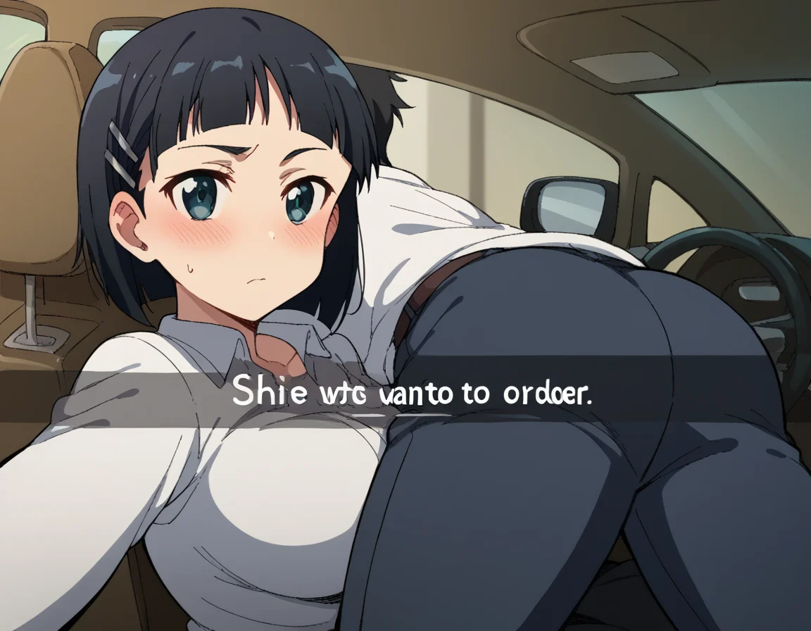 score_9, score_8_up, score_7_up, source_anime, suguhakirigaya, <lora:suguha-kirigaya-s1-ponyxl-lora-nochekaiser:1>, suguha kirigaya, short hair, black hair, hair ornament, hairclip, large breasts,, <lora:he-wants-to-order-ponyxl-lora-nochekaiser:1> he wants to order, he wants to order (meme), drive-thru, snapchat, side-view mirror, car interior, car seat, steering wheel, car interior, three quarter view, lying on person, selfie, 1boy, ass, pants,, blush,,