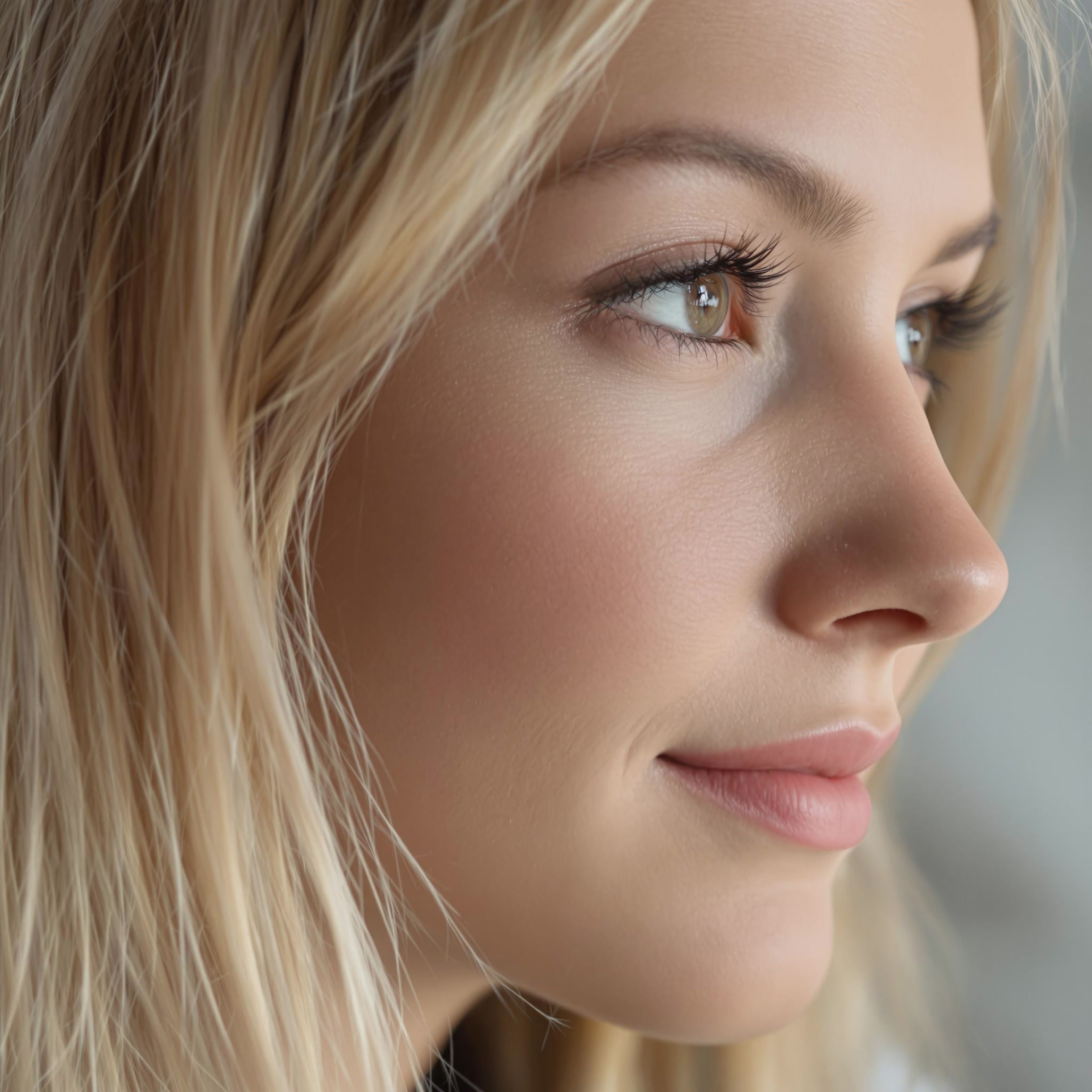 "Side profile close-up  of  blond white Russian woman, blonde hair framing her face, brown eyes locked on the camera, sharp nose,  subtle smile on  soft pink lips straight ahead in a calm expression,, (hyperrealistic:1.3), (photorealistic:1.2), cinematic lighting, ultra-detailed facial features.” straight ahead in a calm expression, (hyperrealistic:1.3), 8k resolution, high dynamic range, intricate face details.”