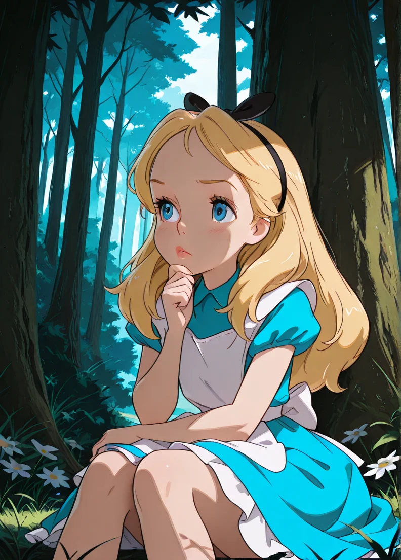 masterpiece, best quality, amazing quality, very aesthetic, absurdres, newest, 4k, 8k, dynamic angle, official style, (jaggy lines, sugimorixd:1.2), outdoors, forest, flowers, grass, sitting, looking at viewer,
alicexd, 1girl, solo, blonde hair, long hair, hairbow, blue dress, white apron, bow, white thighs, lips, blue eyes,
thinking,
<lora:Expression_Detailer_Illustrious_Lora:0.85>, <lora:sugimoi:1>, <lora:Alice_-_Disney_Illustrious:1>