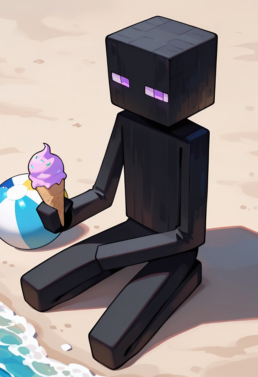 masterpiece, best quality, amazing quality, very aesthetic, absurdres, newest, , detailed background, 
klskx
enderman, no humans, purple eyes, rectangle eyes, , solo, male focus, black skin, no mouth, square head, square body, black head , pokemon (creature), 
sitting on beach, bucket hat, on knees, sand, beach ball, beach hat, holding ice-cream, looking at viewer,