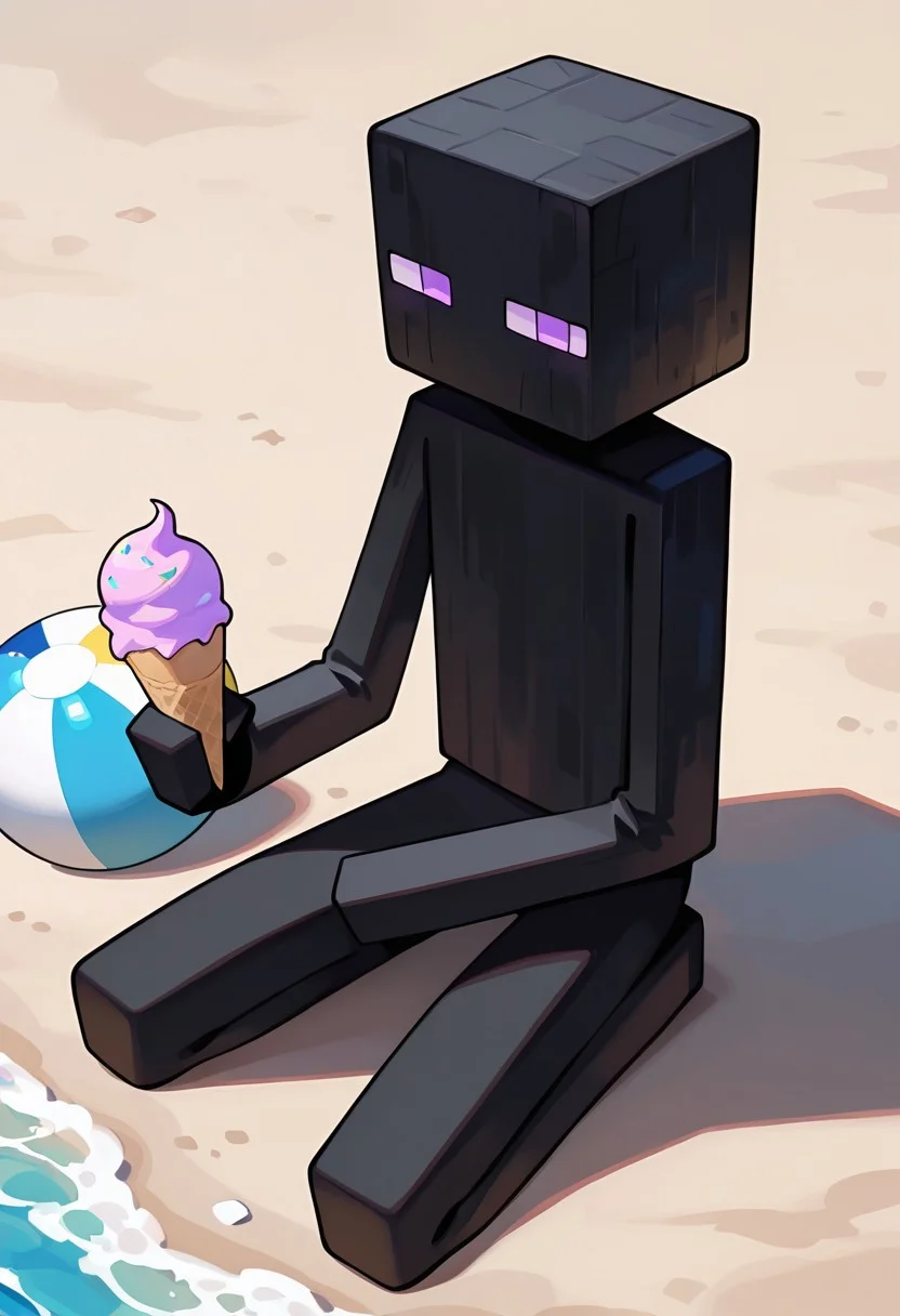 masterpiece, best quality, amazing quality, very aesthetic, absurdres, newest, , detailed background,
klskx
enderman, no humans, purple eyes, rectangle eyes, , solo, male focus, black skin, no mouth, square head, square body, black head , pokemon (creature),
sitting on beach, bucket hat, on knees, sand, beach ball, beach hat, holding ice-cream, looking at viewer,