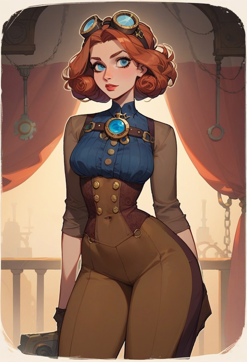 score_9, score_8_up,  score_9, score_8_up,     1woman, <mature face>, Steampunk engineer, <revealing outfit>, thin waist, narrow shoulders, wide hips , goggles on top of head,  simple shadows, flat coloring, flat shadows, thick lines, white outline,
