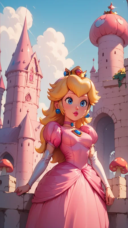 score_9,score_8_up,score_7_up,score_6_up,score_5_up,score_4_up BREAK skinny,choker,medium breasts,detached sleeves,princess peach,pink dress,castle,outside,bloom,<lora:Princess_Peach_Shiny_Style_V2:1>,