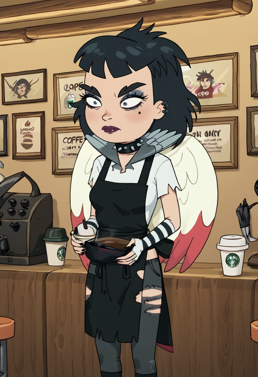 score_9, score_8_up, score_8,      <lora:Birddaughter_Rick_and_Morty_for_PonyXL:0.8>  1girl, wings, b1rdd4ught3r, black hair, makeup, torn clothes, collar, piercing, spikes, coffee shop, uniform, apron,