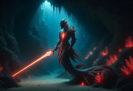 benthic merfolk, hkstyle, glowing sword, underwater cave, red glow, concept art