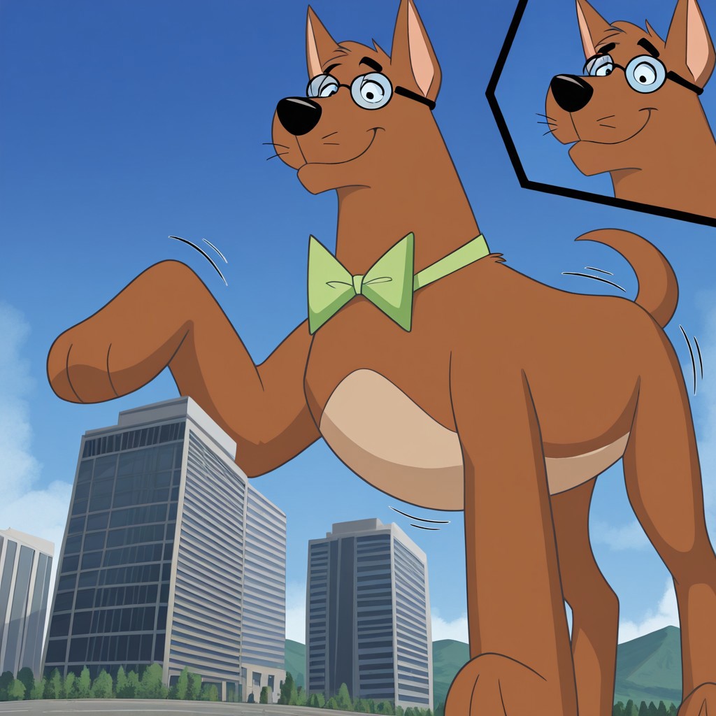 score_9, score_8_up, score_7_up, score_6_up, (source_furry), BREAK, high quality, detailed, best quality, amazing quality, 1boy,solo, furry male, anthro, Juniorsfather, furry, pointy ears, feral, canine, dog, black nose, brown body, brown fur,body fur,detailed cityscape, taking up the whole screen, newest, highres, masterpiece, extreme detail, giantess, male, landscape dwarfing,standing,impact, growth lines,close-up, looking down at viewer, smug,from below, beige belly, sky, blue sky, day, tail, glasses, green bowtie