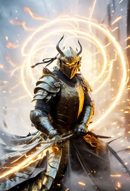 1man, armored samurai in golden samurai armor, wearing samurai helmet and armor,  golden fire, wielding dual swords:1.2, brave perspective, reflection, glowing golden fire, golden lightning shatter, , glowing sword, motion blur, emphasis line, outdoor in the darkness, looking at viewer, katanas