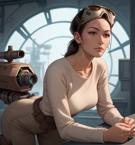 score_9, score_8_up, score_7_up, score_6_up, score_5_up, score_4_up, source_anime, photoshop \(medium\),<lora:JanOrs-000013-128:1.0> 1girl, JanOrs, asian, long sleeves, goggles, brown eyes, leaning forward, tight beige shirt, breasts squeezed together, solo, machinery
, science fiction