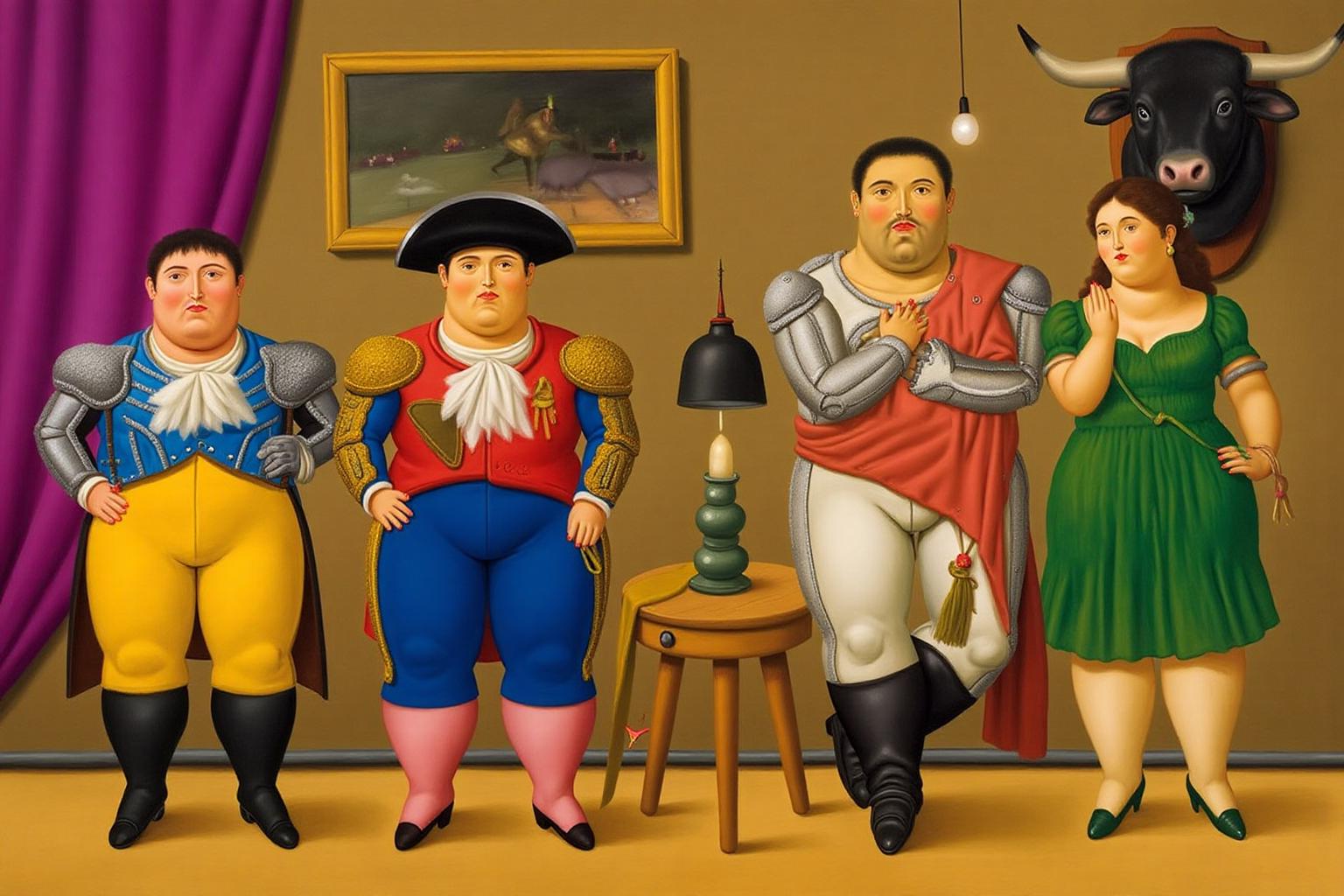 fernandobotero1 painting.
Three toreadors dressed in traditional Spanish bullfighting attire stand together. A woman wearing a green dress stands behind them. There is a bull's head hanging on the wall.
 <lora:fernandobotero1_cap_d6a3e7:1.0><lora:840273754329242932:0>