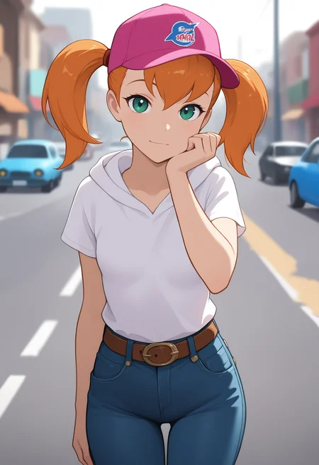 masterpiece, best quality, 1girl, solo, dolly, small breasts, green eyes, orange hair, twintails, shirt, hat, white shirt, belt, pants, hood, denim, baseball cap, jeans, blue pants, pink headwear, head rest, road, cars, asphalt, travel, speed, cowboy shot, looking at viewer, <lora:dolly:0.9>, depth of field, cinematic lighting