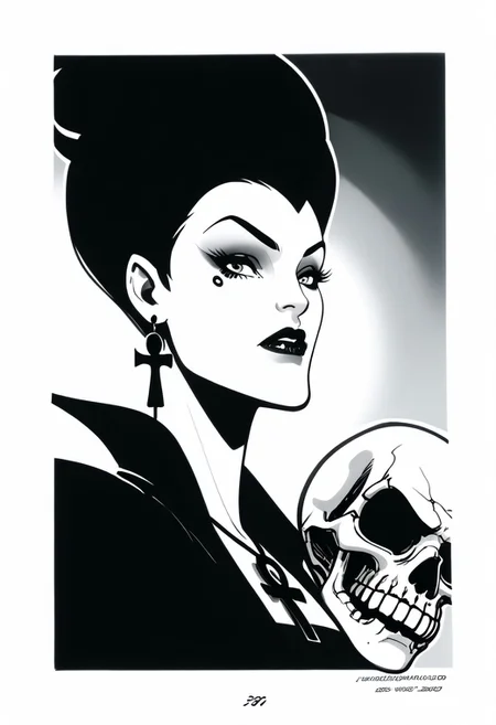 Aunt Lydia , 1girl, earrings, jewelry, necklace, ankh necklace, monochrome, traditional media, sketch, black lips, cross earrings, long hair, lipstick, makeup, skull, looking at viewer, comic art style, death_of_the_endless\(sandman\), greyscale, monochrome, cinematic angle, cinematic lighting, BREAK zPDXL2 PonyXLV6_Scores