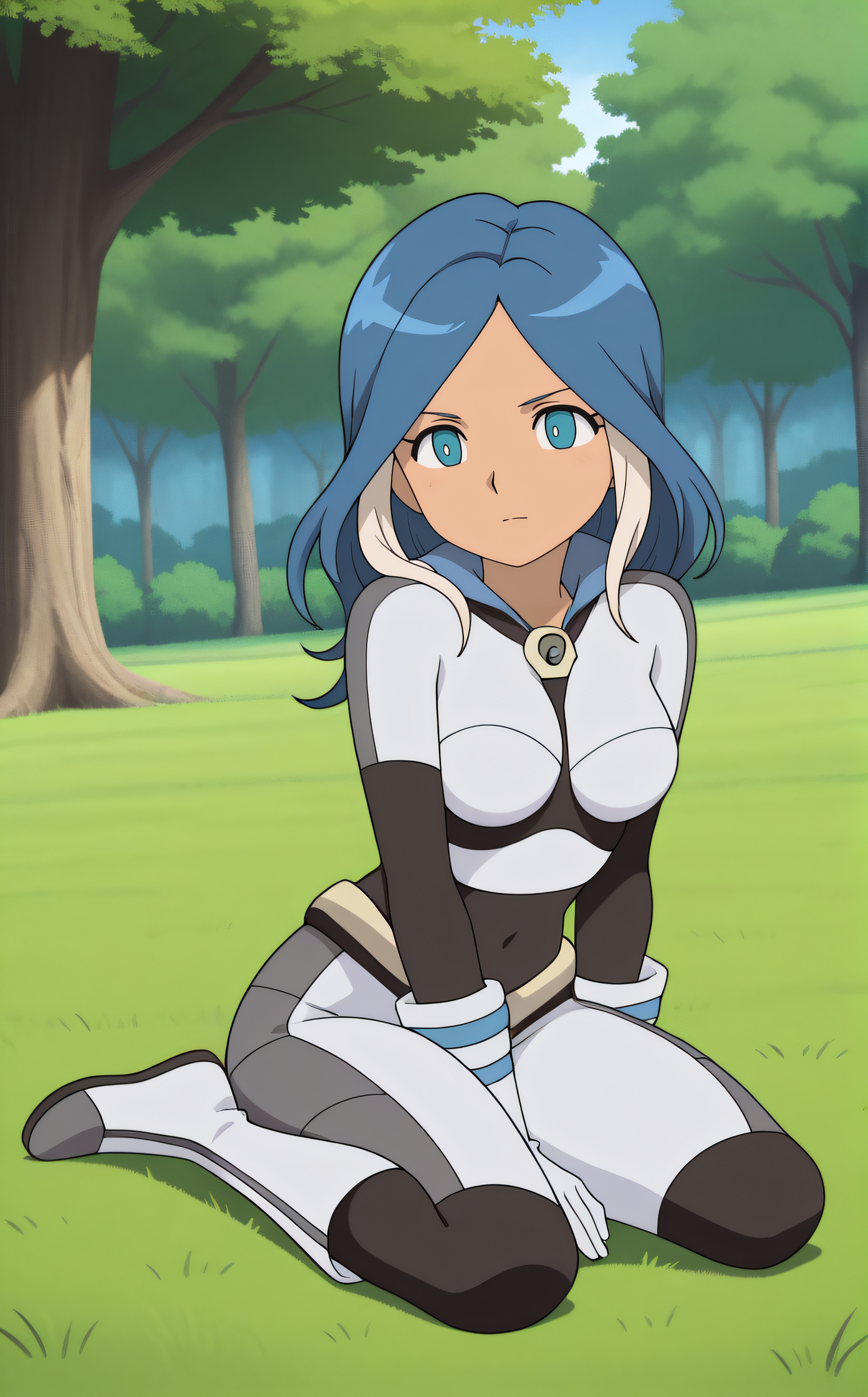 masterpiece, best quality, highres, newest, 1girl, solo, official style, anime screncap, <lora:Ulvida:1>, ulvida, bodysuit, outdoor, full body, sitting on grass, tree