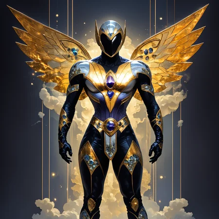 core_9, score_8_up, score_7_up, <lora:Art_DecoPony:1> ArsMJStyle, Art Deco, Art Deco-inspired superhero, costume incorporating geometric patterns and metallic elements. Backdrop of stylized city skyline, dynamic pose emphasizing strong silhouette. Ray gun with chrome finish, helmet with wings motif. Comic book cover layout with bold typography, color scheme of gold, silver, and deep jewel tones.
