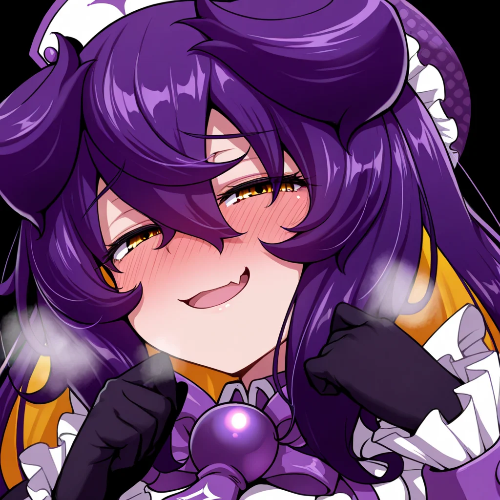 half-closed eyes,1girl,gloves,solo,yellow eyes,blush,female pervert,purple hair,:d,nose blush,skin fang,heavy breathing,open mouth,hat,looking at viewer,virtual youtuber,black gloves,long hair,blush,twintails,hair between eyes,prune \(bombergirl\),<lora:prune1:1>,prune \(bombergirl\),