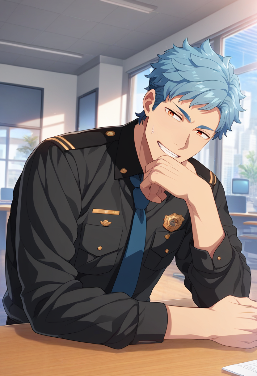 1boy, male focus, 
<lora:Character_-_Helios_Rising_Heroes_-_Asch_Albright:1> asch, blue hair, orange eyes,  
((zPDXL)), score_9_up, score_8_up, score_7_up, score_6_up, score_5_up, score_4_up, best quality, amazing quality, best aesthetic, absurdres, year2023, nsfw, game cg,  official art, official style, anime screencap,
indoor, office, desk, sitting on desk, police uniform, blue necktie, upper body,