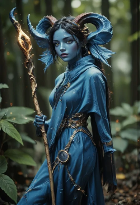 Jed-Tflng, (white sclera, no iris), blue lips,  tall female druid Tiefling, large blue curved horns, (deep blue skin), n30nfilm, hknature, green druid clothes, wooden staff, forest environment, looking at viewer, full body (((beautiful, artistic, high quality)))