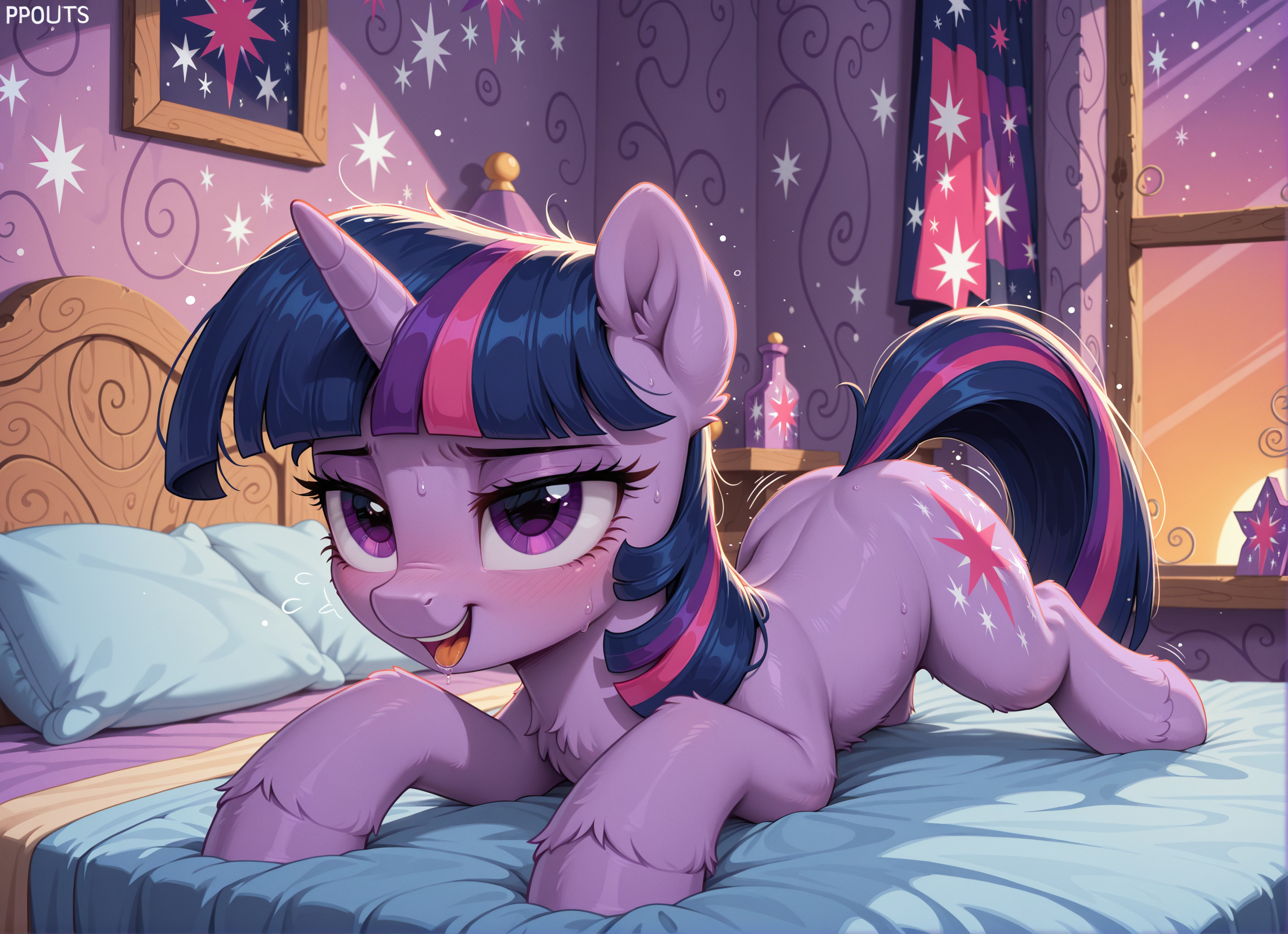 masterpiece, best quality, amazing quality, very aesthetic, absurdres, newest,
solo, 1girl, feral, (twilight sparkle), little pony, friendship is magic, 
cute porn, adorable,
bedroom, bed,
p0nuts, <lora:Ponut_Paradise:0.4>