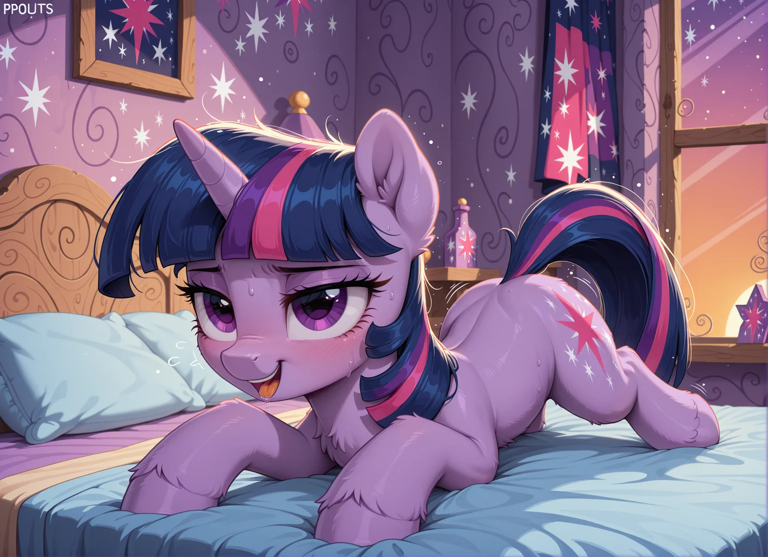 masterpiece, best quality, amazing quality, very aesthetic, absurdres, newest,
solo, 1girl, feral, (twilight sparkle), little pony, friendship is magic,
cute porn, adorable,
bedroom, bed,
p0nuts, <lora:Ponut_Paradise:0.4>