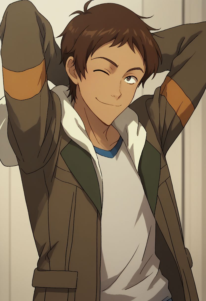 score_9, score_8_up, score_7_up, source_anime, highly detailed, 
lance, 1boy, solo, male focus, brown hair, dark skin, jacket, dark-skinned male, pants, hood, smile, close mouth, denim, hoodie, upper body, hands behind head, wink, 
indoor, sci-fi,