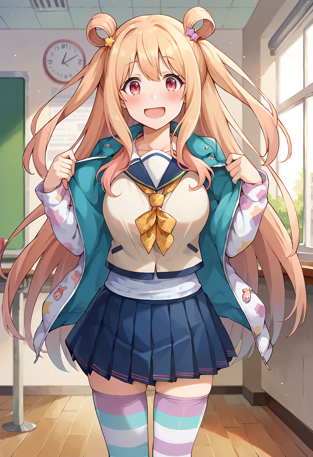 score_9, score_7_up, hd, (ultra hd quality details), source_anime, indoors,
solo, 1girl, rlhatsune, pink eyes, star hair ornament, hair rings, two-side up, large breasts, 
school uniform, serafuku, multicolored jacket, print jacket, long sleeves, open jacket, blue skirt, pleated skirt, multicolored thighhighs, striped thighhighs,
smile, blush, looking at viewer, wavy mouth, open mouth, embarrassed, 
standing, foreshortening, 
<lora:_hatsune_pcr-elesico-pony:0.9>