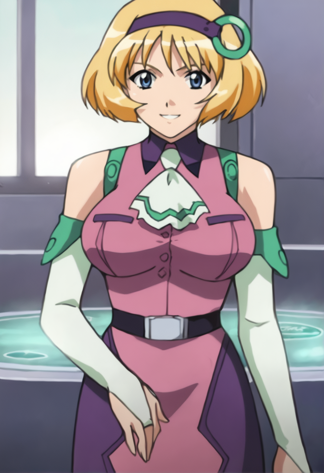 score_9_up, source_anime, belvedere_coco, smile. short hair, blonde hair, 1girl, solo. bare shoulders, hairband, blue eyes, gloves, elbow gloves, ascot, detached sleeves, bridal gauntlets, breasts, fingerless gloves. sleeveless, bob cut, necktie, belt, dress, hair ornament, large breasts,