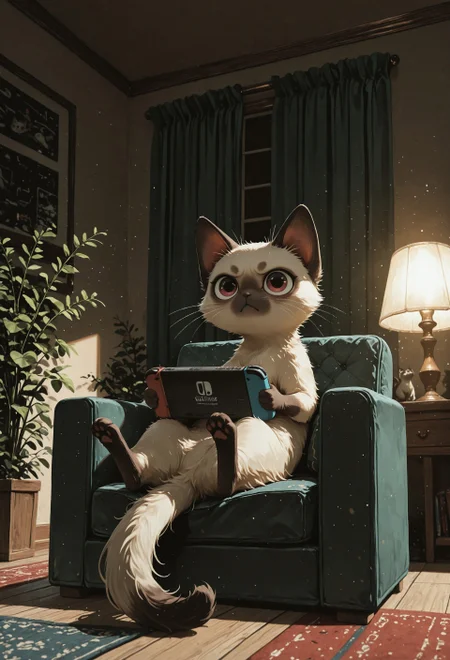 masterpiece, newest, absurdres, incredibly absurdres, best quality, amazing quality, very aesthetic, newest, no lineart, no outline, scenery, (chiaroscuro), no humans, animal, Siamese cat, big eyes, whiskers, paws, solo, animal focus, reclining, armchair, window, closed curtains, playing games, grumpy, looking at viewer, holding nintendo switch, (dark room), living room, decorative plants, lamp, warm light, shadows, cowboy shot, usnr, S4bit4mago_illu