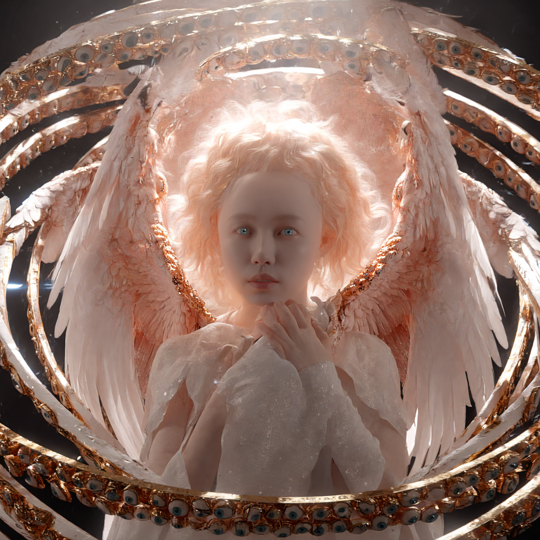 leogirl, seraphins, mystical creature with hundreds of eyes and wings, with the shape of a giant ring, circular hoops around body, massive size, angelical lights <lora:Seraphins1.0-000038:0.8>