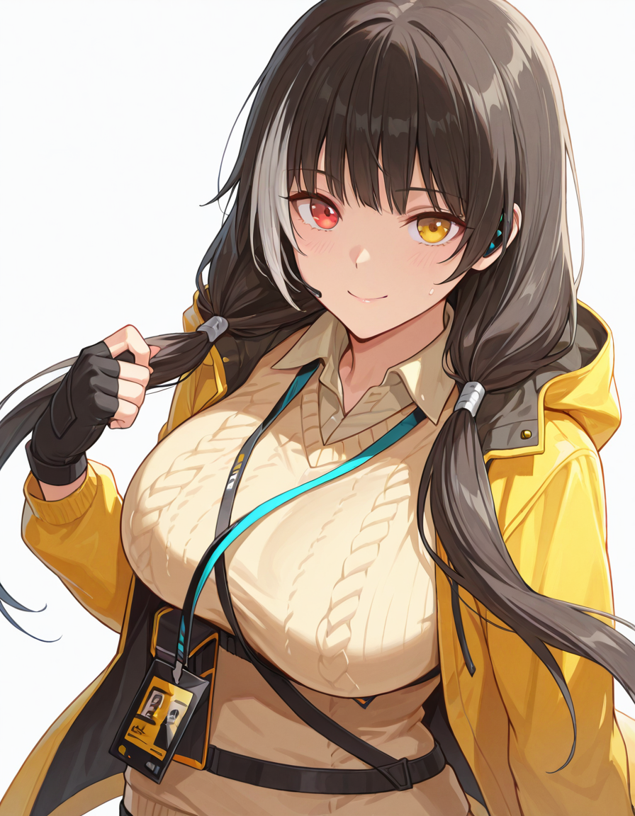 Volumetric Lighting, (masterpiece), (best quality), (ultra-detailed), masterpiece, source_anime, score_9, score_8_up, score_7_up BREAK, illustration, disheveled hair, detailed eyes, perfect composition, moist skin, intricate details, detailed eyes, detailed face, detailed fingers BREAK, ro635, heterochromia, red eye, yellow eye, black hair, low twintails, streaked hair, white hair, large breast BREAK, ROdef, def_collared_shirt, def_sweater_vest, def_earpiece, def_lanyard, def_id_card, def_id_card, def_fingerless_gloves, low twintails, def_hooded_jacket, def_belts_pouch,BREAK, ((white background)), looking at viewer, standing, shadow, smile, face focused