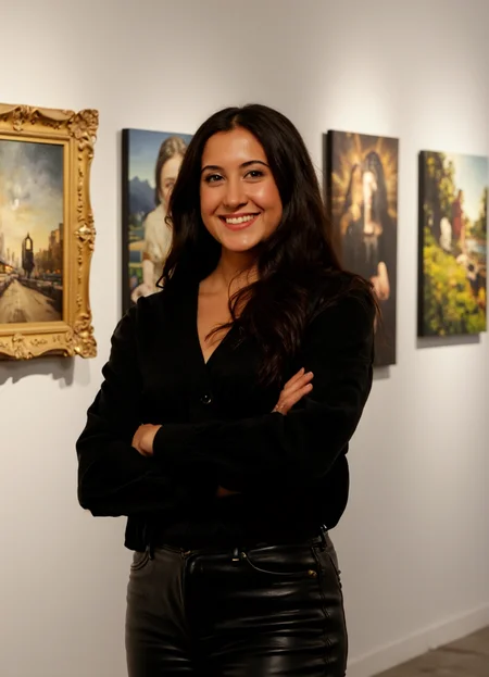 SFW, brightly lit, The image is a portrait of a woman standing in an art gallery. She is wearing a black long-sleeved top and black leather pants. She has long e hair that is styled in loose waves and is wearing minimal makeup. The woman is smiling and looking directly at the camera. In the background, there are several paintings hanging on the wall. The overall mood of the image is confident and relaxed., aidmaimageupgrader<lora:flux\custom\celebrity\vanessa-carlton.safetensors:1.05:1.05> <lora:flux\turbo-8-step-flux.safetensors:0.5:0.5> <lora:flux\style\Common\aidmaImageUprader-FLUX-v0.3.safetensors:0.25:0.25>