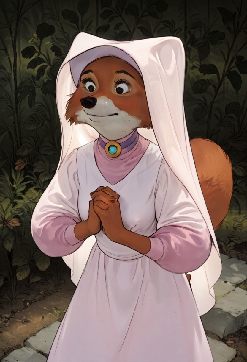 score_9, score_8_up, score_7_up, anthro, furry, Maid Marian, 1girl, breasts, areola, nipple slip, down blouse, masterpiece, kneeling, in forest. detailed background, beautiful, ((shy, bashful, coy, embarrassed, light blush)), orange fur, (dark purple dress), short hair, pink hair, bedroom eyes, seductive , smiling, leaning forward, (((looking down))), (hands folded in lap, arms lowered), (high angle view)