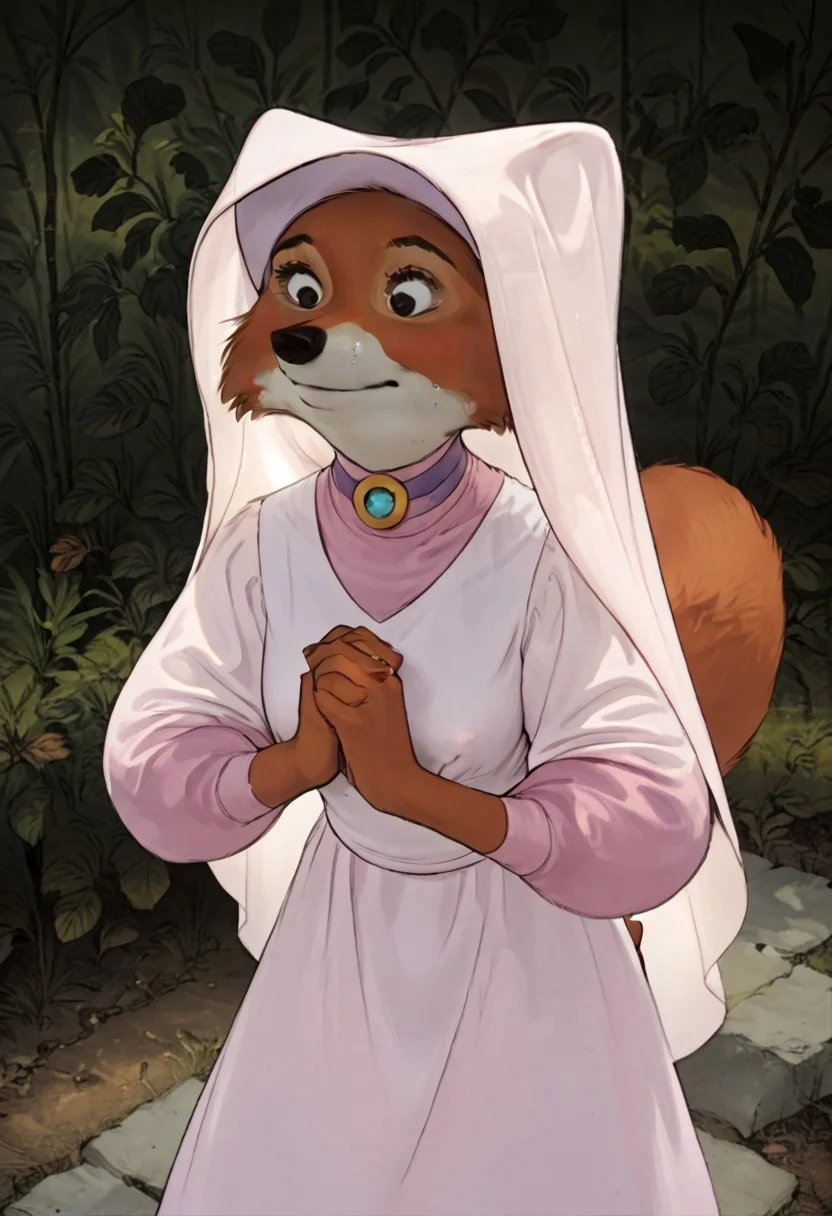 score_9, score_8_up, score_7_up, anthro, furry, Maid Marian, 1girl, breasts, areola, nipple slip, down blouse, masterpiece, kneeling, in forest. detailed background, beautiful, ((shy, bashful, coy, embarrassed, light blush)), orange fur, (dark purple dress), short hair, pink hair, bedroom eyes, seductive , smiling, leaning forward, (((looking down))), (hands folded in lap, arms lowered), (high angle view)