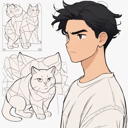 chillflat,(Character reference sheet:1.9),beefy 1boy holding a big cat, young, look down,(gaze:1.4), white t-shirt,detailed black hair, head tilt, blushing,brown big eyes, big nose, parted lips, white background, best aesthetics, cat focus, upper body shot, thin waists,