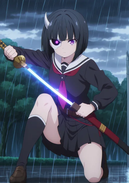 volumetric lighting, official style, amazing quality, ultra detailed, highres, detailed background,anime coloring, (anime screencap) masterpiece, detailed face,1girl<lora:Rin_Onigawara__:0.7>Rin_Onigawara, black hair, short hair, purple eyes, bangs, bob cut, blunt bangs, half-mask, horn, school uniform, skirt, socks, shoes, pleated skirt, kneehighs, black skirt, loafers, long sleeves, black serafuku,(katana, fighting stance, arm support, unsheathing,1.2) outdoors, on knee, raining, looking at viewer, glowing eyes, cloudy
