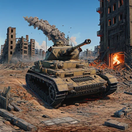 OA pnzr4tnk tank supports German infantry during the intense urban combat of the Battle of Stalingrad. Rubble and destroyed buildings surround the tank as it fires on Soviet strongpoints, highlighting the brutal house-to-house fighting in the devastated city ((pulp_comic, heavy_lines, hand_drawn, hand_inked, hand_colored, perfect_face, apxlz))