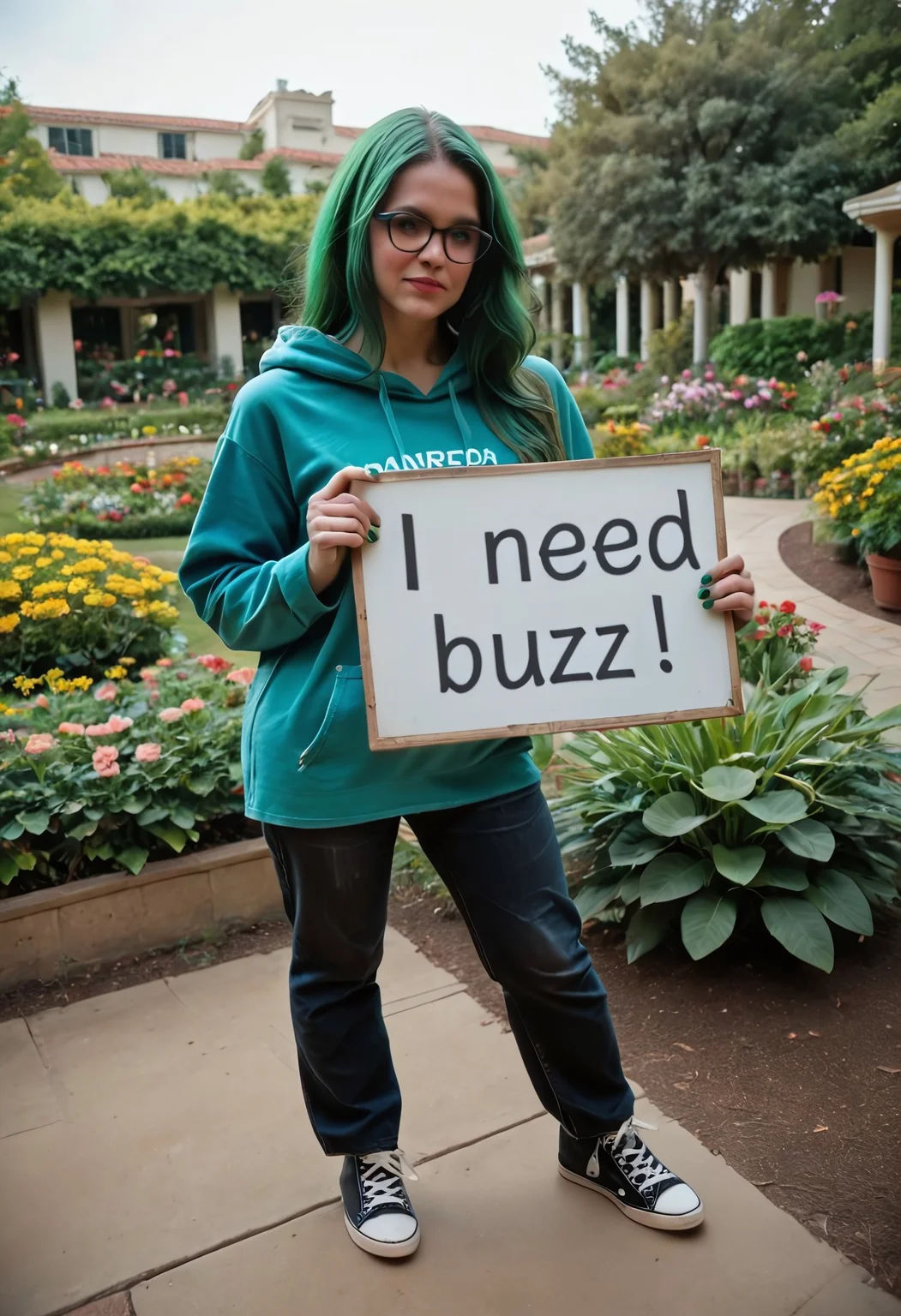 safe_pos, Stable_Yogis_PDXL_Positives, need_buzz, holding sign, Best quality, 1girl, 20 years old, European, slim body, wide hips, small glasses, small breasts, green hair, long hair, very pale skin, white skin, sunny day, garden, confident, thinking, full body visible, converse shoes, green nail polish, oversized dark-blue hoodie, koifish on hoodie, black pants, jeans