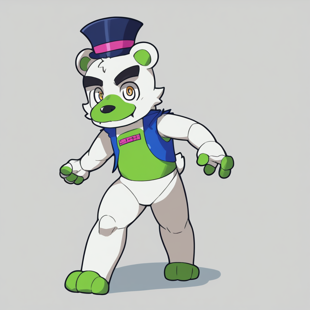 source_anime, colorful, score_9, score_8_up, score_8, (masterpiece), BREAK, 1boy,  chibi, <lora:saucebear_ponyxl-10:1.4>  (saucebear), blue hat, bear ears, yellow eyes, white fur, green chest, blue vest. simple background,  <lora:add-detail-xl:1.0>
