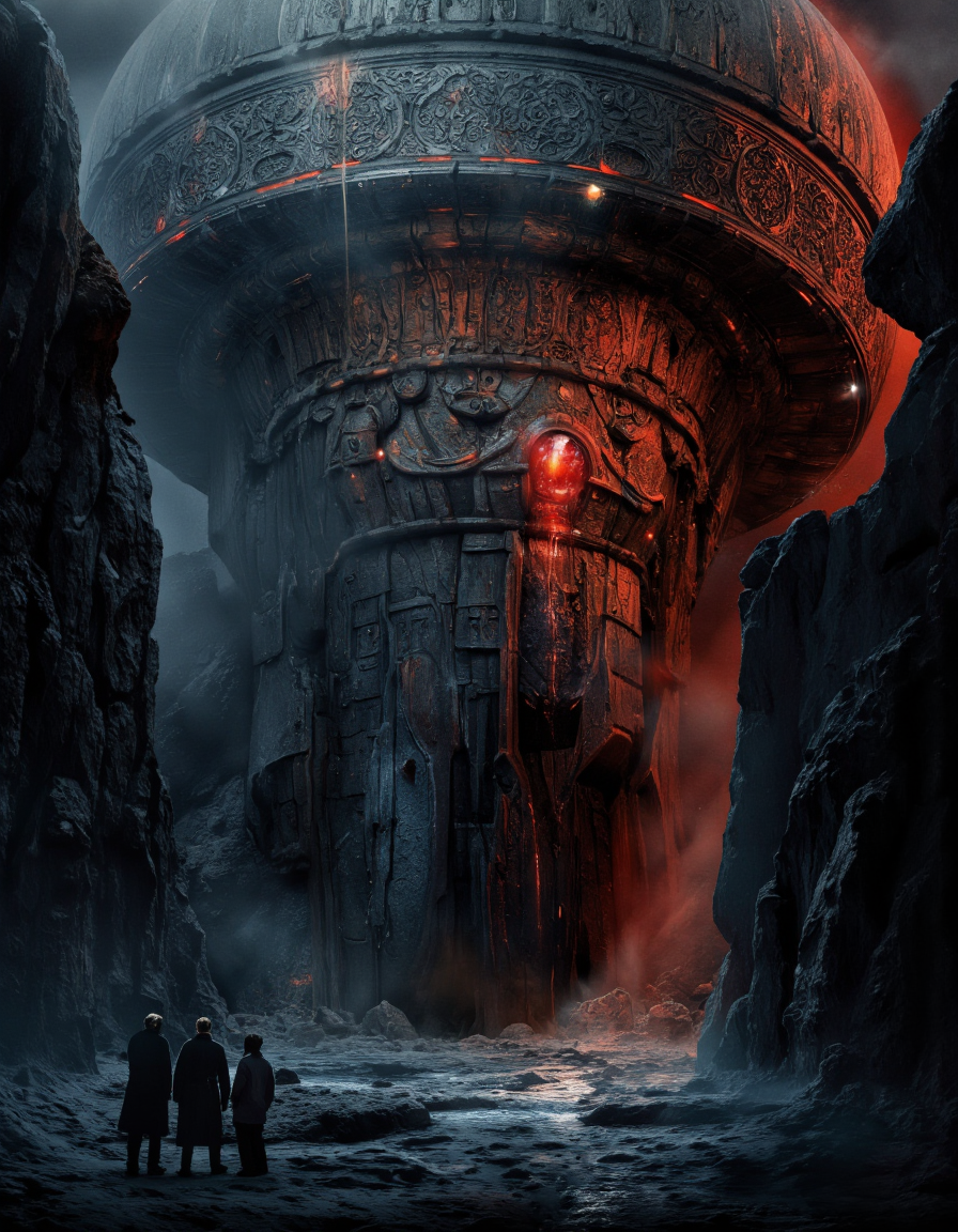 Art by Col Price. A dramatic digital illustration shoot from a low angle about a large, imposing structure in a dark, rocky cave with intricate carvings and glowing red accents. the image also shows two people standing in front of the large, round, metallic structure, which appears to be a spaceship or a spaceship, with intricate patterns on its surface. the structure is situated in the middle of the image, surrounded by towering, jagged rocks with a deep, dark blue and red color palette. the scene is dimly lit with a smoky atmosphere, creating a sense of mystery and foreboding. on the left of the structure, a group of three people, standing close together, appear to be looking up at it. they are all facing the same direction, with their heads turned towards the structure. the overall atmosphere is dark and mysterious, with a focus on the structure and the surrounding environment.