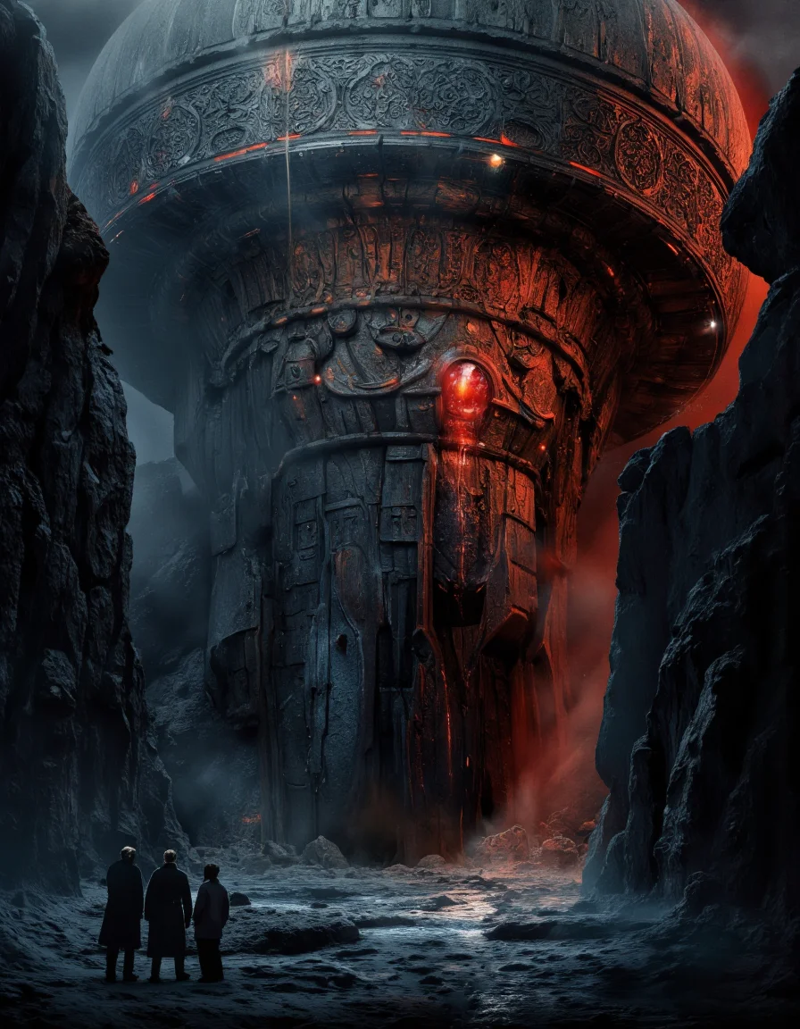 Art by Col Price. A dramatic digital illustration shoot from a low angle about a large, imposing structure in a dark, rocky cave with intricate carvings and glowing red accents. the image also shows two people standing in front of the large, round, metallic structure, which appears to be a spaceship or a spaceship, with intricate patterns on its surface. the structure is situated in the middle of the image, surrounded by towering, jagged rocks with a deep, dark blue and red color palette. the scene is dimly lit with a smoky atmosphere, creating a sense of mystery and foreboding. on the left of the structure, a group of three people, standing close together, appear to be looking up at it. they are all facing the same direction, with their heads turned towards the structure. the overall atmosphere is dark and mysterious, with a focus on the structure and the surrounding environment.