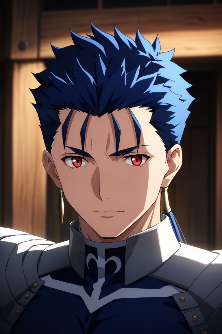 score_9, score_8_up, score_7_up, source_anime, rating_safe, intricate details, semi-realistic, looking at viewer, upper body, , 1boy, solo, male focus, <lora:lancer_fsn_pony:0.96>, lancer_fsn, blue hair, red eyes, long hair, ponytail, spiked hair, , , armor, shoulder armor, , , demon costume, hen house, , <lora:sdxl_lightning_8step_lora:1>